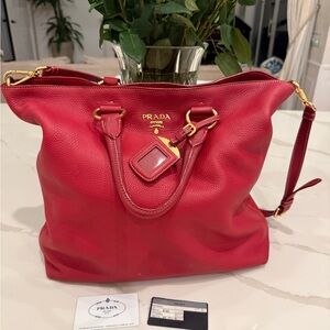 PRADA Authentic Vitello Daino Red Leather Tote Bag